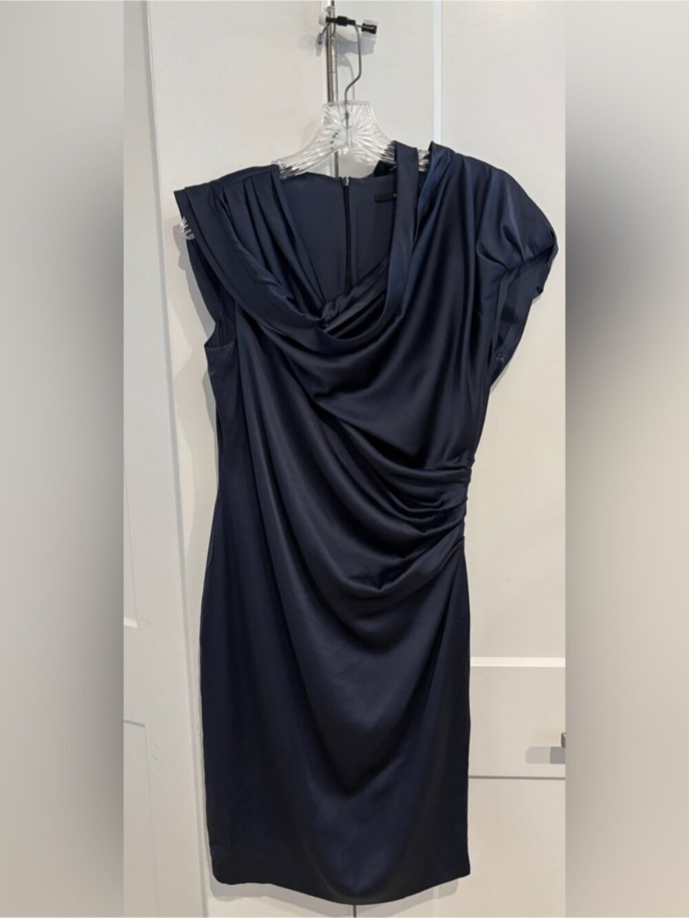 Hugo Boss Navy Satin Asymmetrical Draped Neck Dress